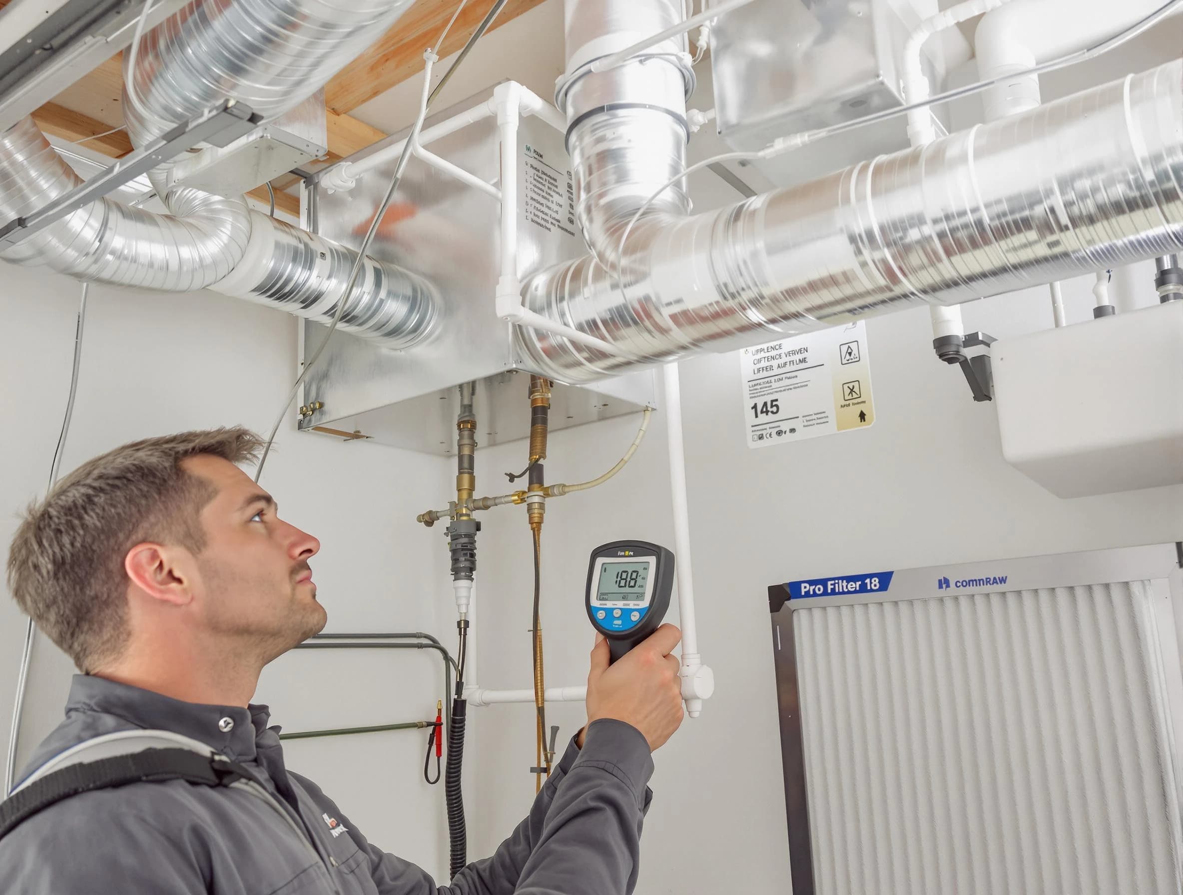 Mission Viejo Air Duct Cleaning expert conducting detailed filter system inspection using diagnostic tools in Mission Viejo